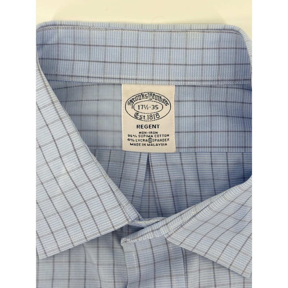 Brooks Brothers Regent Fit Non-Iron Shirt Mens 17.5 35 Blue Check Supima Cotton - Picture 4 of 8